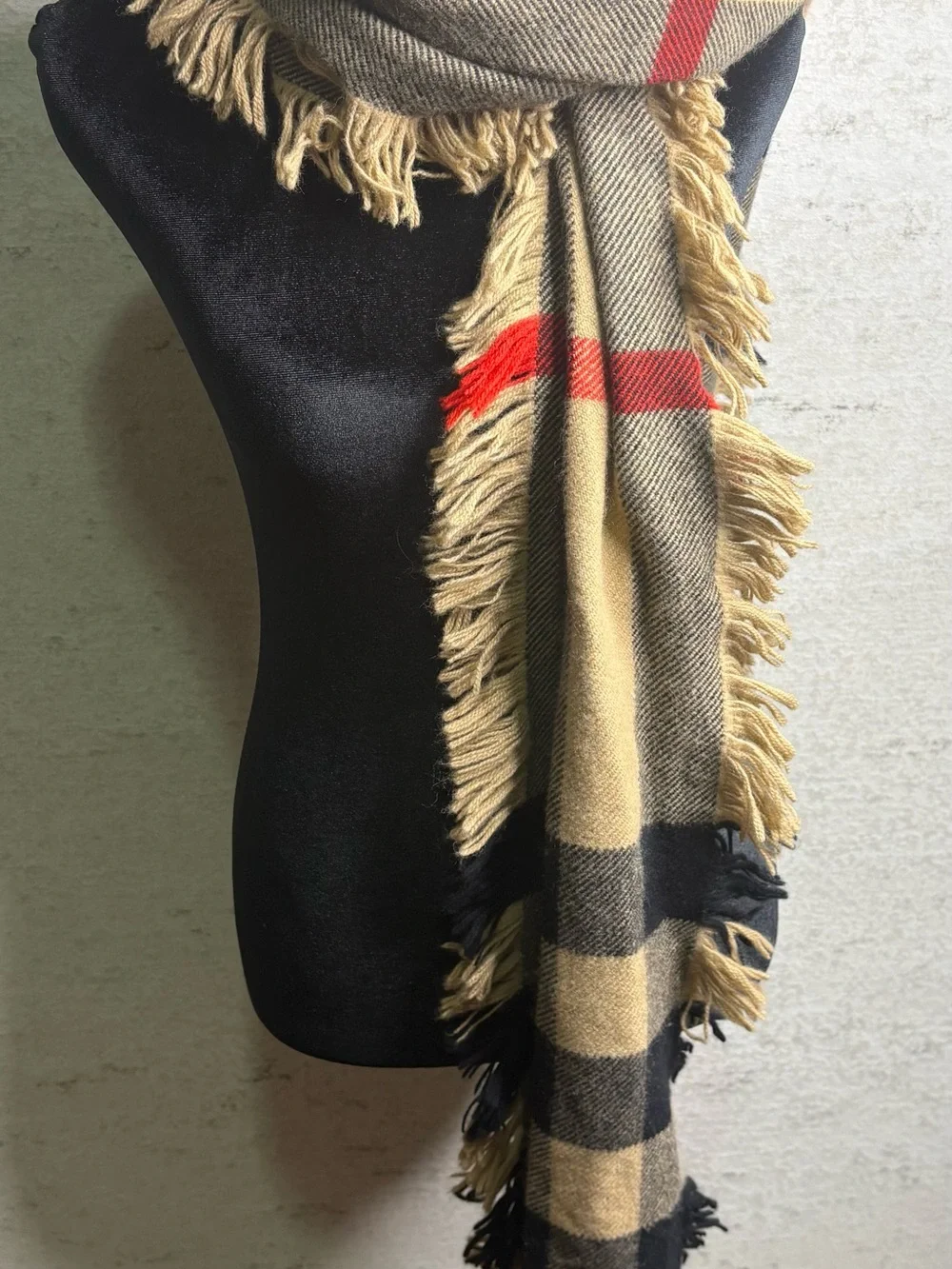 Burberry Scarf Beige, Black & Tan Plaid Fringe Scarf